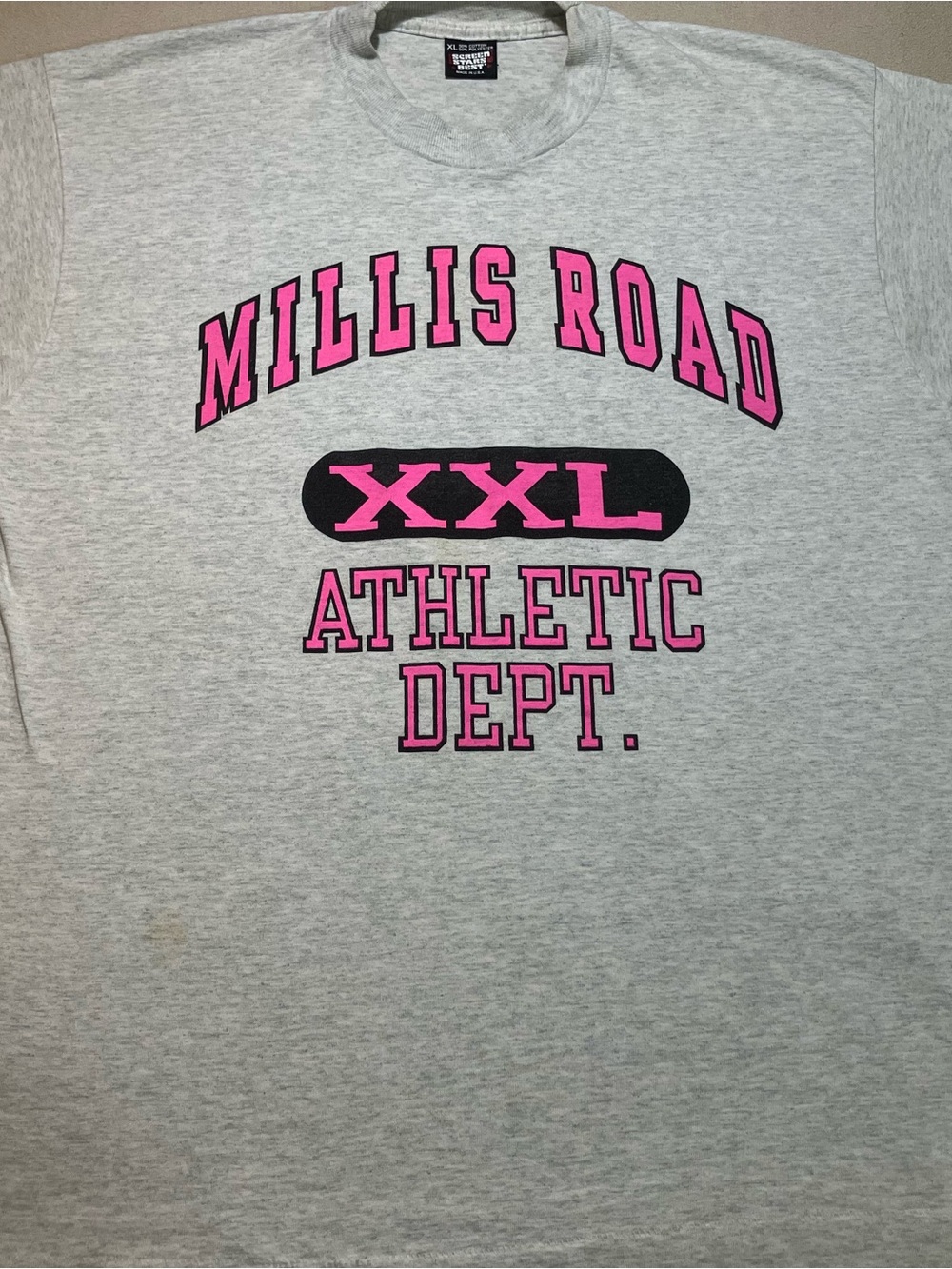 Vintage 90s Screen Stars Best Single Stitch XXL Graphic Tee Millis Rd. Gray Pink